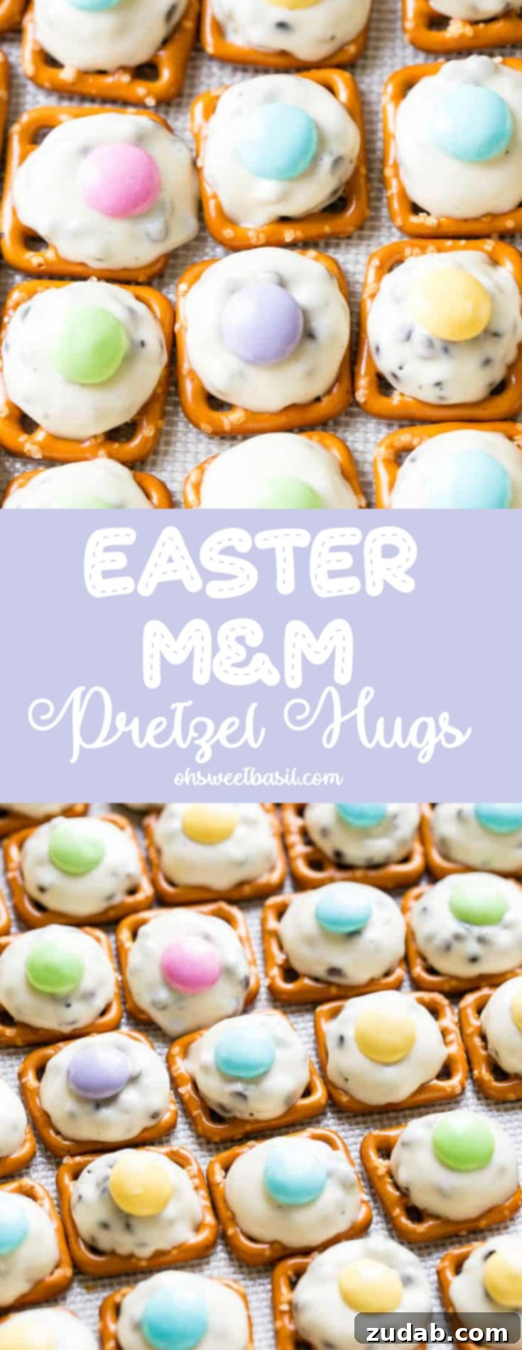 Easter M&M Pretzel Bites 6 A large baking sheet generously covered with neatly arranged Easter M&M Pretzel Hugs, showcasing the sheer volume of these easy-to-make, addictive treats.