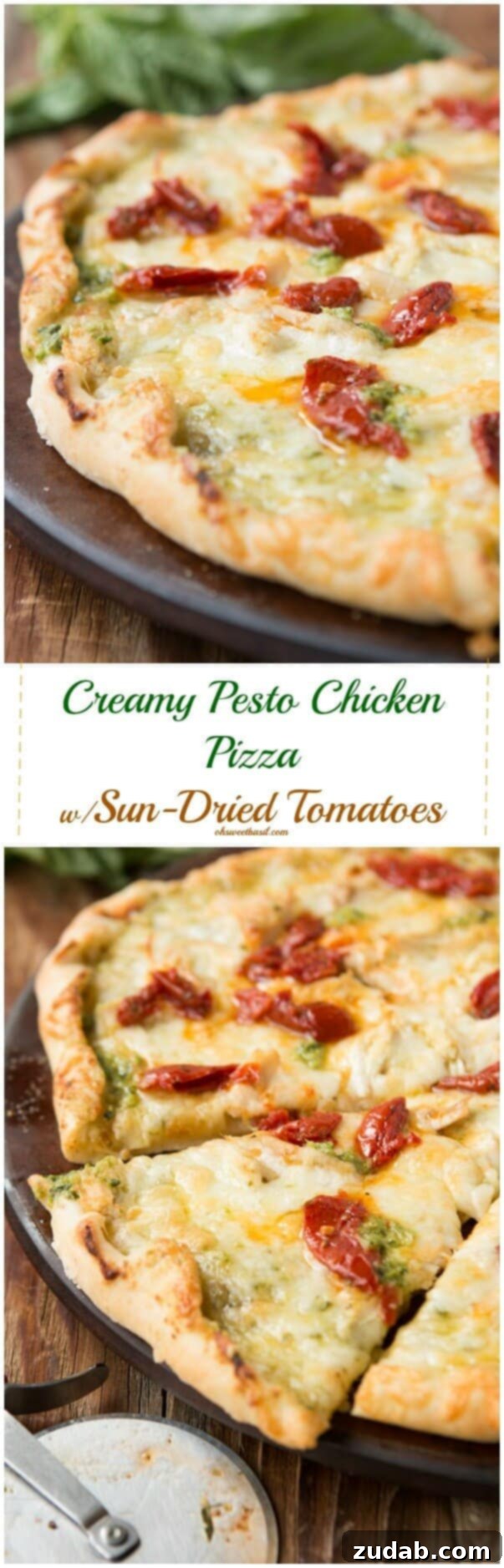 Decadent Creamy Pesto Chicken Pizza 2 The best thin crust pizza recipe! Creamy Pesto Chicken with Sun Dried Tomatoes