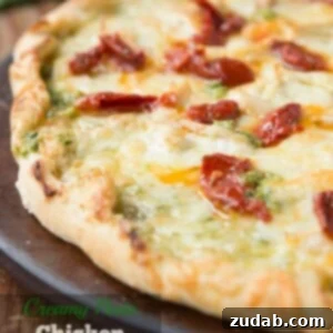 Decadent Creamy Pesto Chicken Pizza 3 Creamy Pesto Chicken and Sun Dried Tomatoes has this really chewy and delicious thin crust and is definitely one of my favorites!
