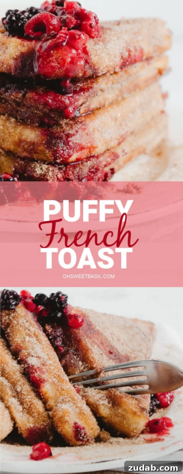 Puffy French Toast coated in cinnamon sugar and berries on top