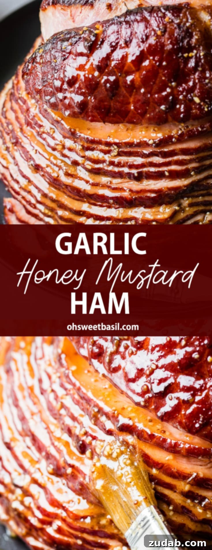 Garlic Honey Mustard Glazed Ham 6 A final close-up of the beautifully glazed spiral ham, sliced and ready to be enjoyed, highlighting its succulent texture and rich color.
