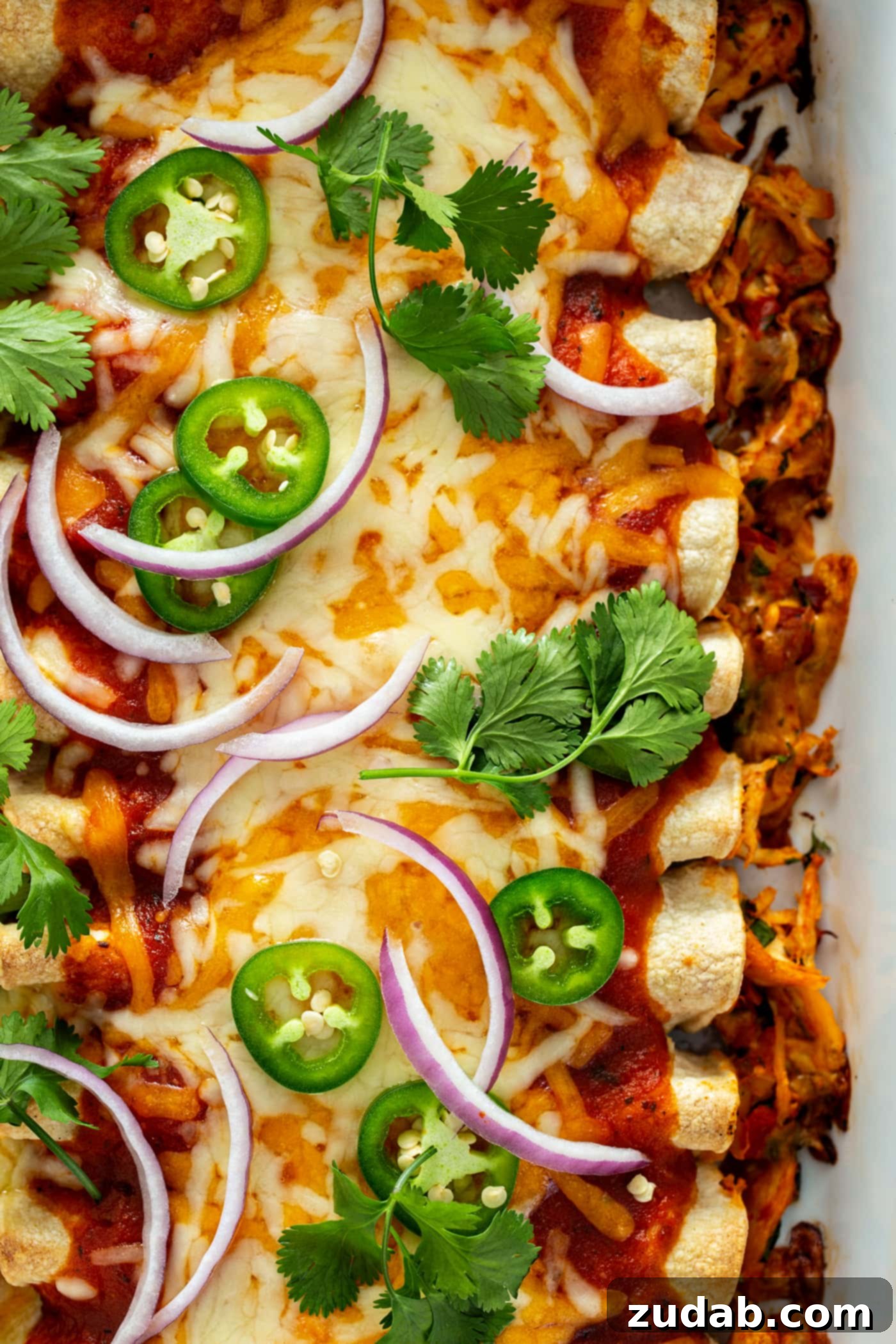 Red Chicken Enchiladas A baking dish filled with red chicken enchiladas. They are topped with melted cheese, slices of red onion, slices of jalapeno, and cilantro leaves.
