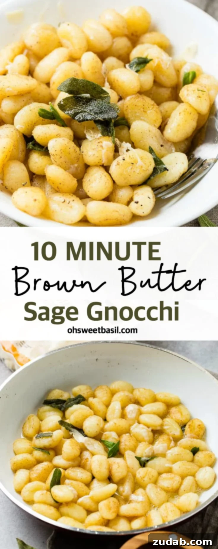 Easy 10-Minute Brown Butter Sage Gnocchi 8 A white skillet with brown butter, gnocchi, and fresh sage to make a yummy 10 minute brown butter sage gnocchi recipe