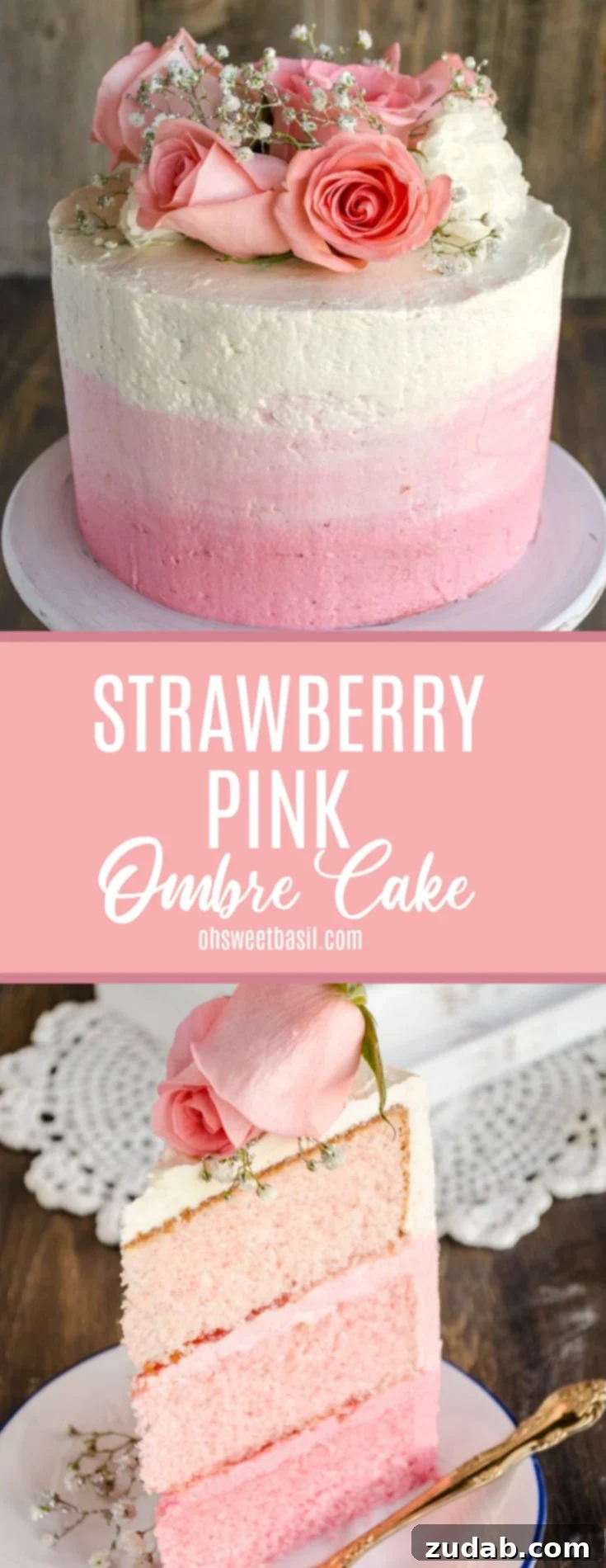 Blushing Strawberry Ombre Cake 16 A slice of a pink three-layer ombre Mothers Day strawberry cake, adorned with fresh pink roses and sparkling sprigs of baby's breath, sitting atop a plate with a gold fork.