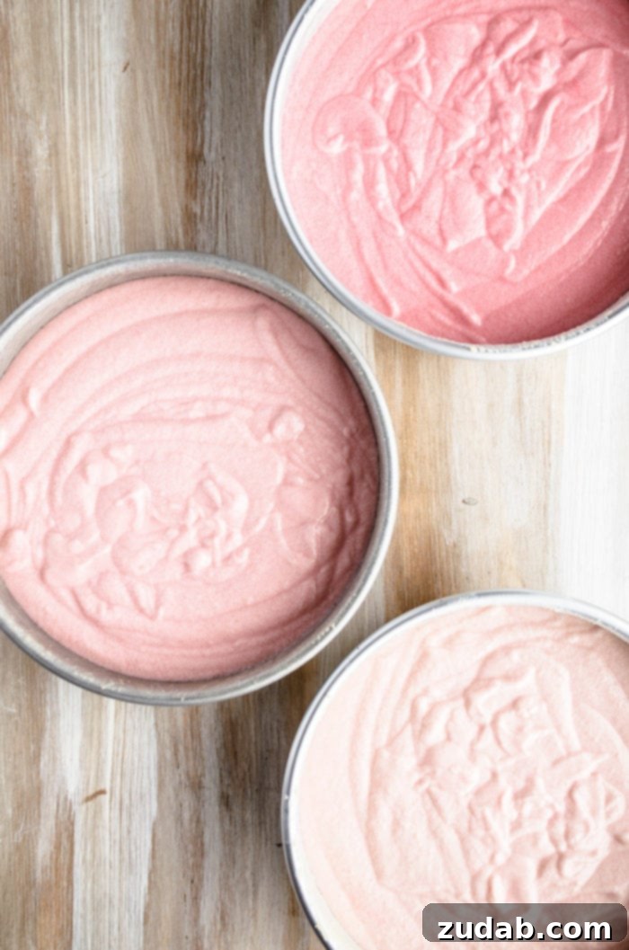 Blushing Strawberry Ombre Cake 7 Three cake pans filled with vibrant cake batter are arranged in a stunning gradient of pink hues, showcasing the beautiful ombre effect that will soon transform into a deliciously striking cake.