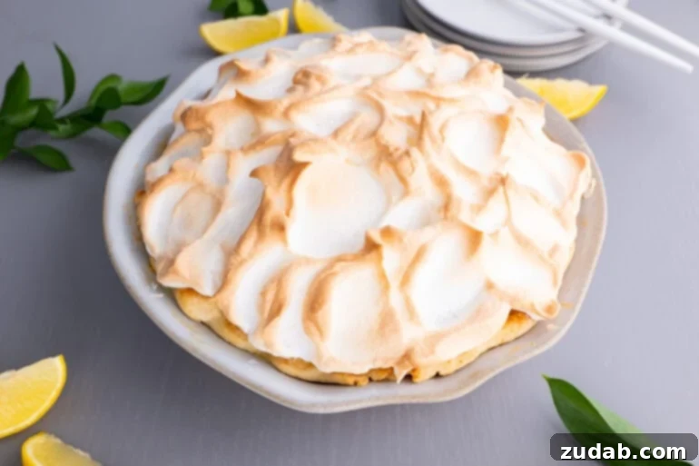Mom's Secret Lemon Meringue Pie 9 A stunning overhead photo of an entire lemon meringue pie, featuring a golden, perfectly fluffy meringue topping with beautiful peaks.