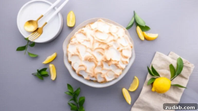 Mom's Secret Lemon Meringue Pie 3 An overhead shot of a freshly baked lemon meringue pie, showcasing its beautiful golden, fluffy meringue topping. Scattered lemon slices adorn the white surface next to the pie.