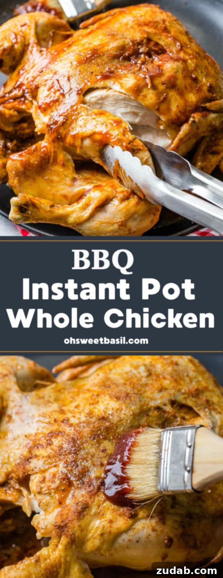 Tender Instant Pot BBQ Whole Chicken 6 A red and white checkered napkin under a grey plate with a bbq instant pot whole chicken on top!