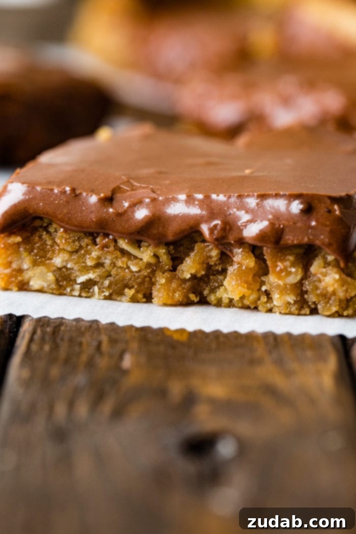 Irresistible Peanut Butter Bars 5 A close-up shot of a single Peanut Butter Bar with smooth chocolate frosting, presented on parchment paper.