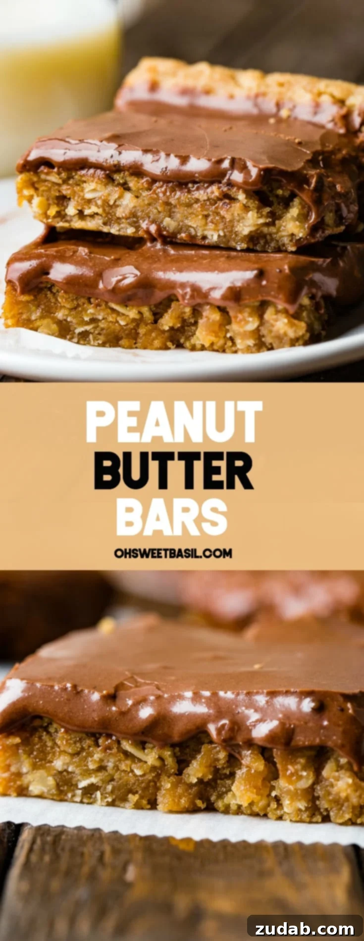 Irresistible Peanut Butter Bars 9 A stack of golden brown peanut butter bars generously topped with a rich layer of chocolate frosting, ready to be enjoyed as a delightful dessert.