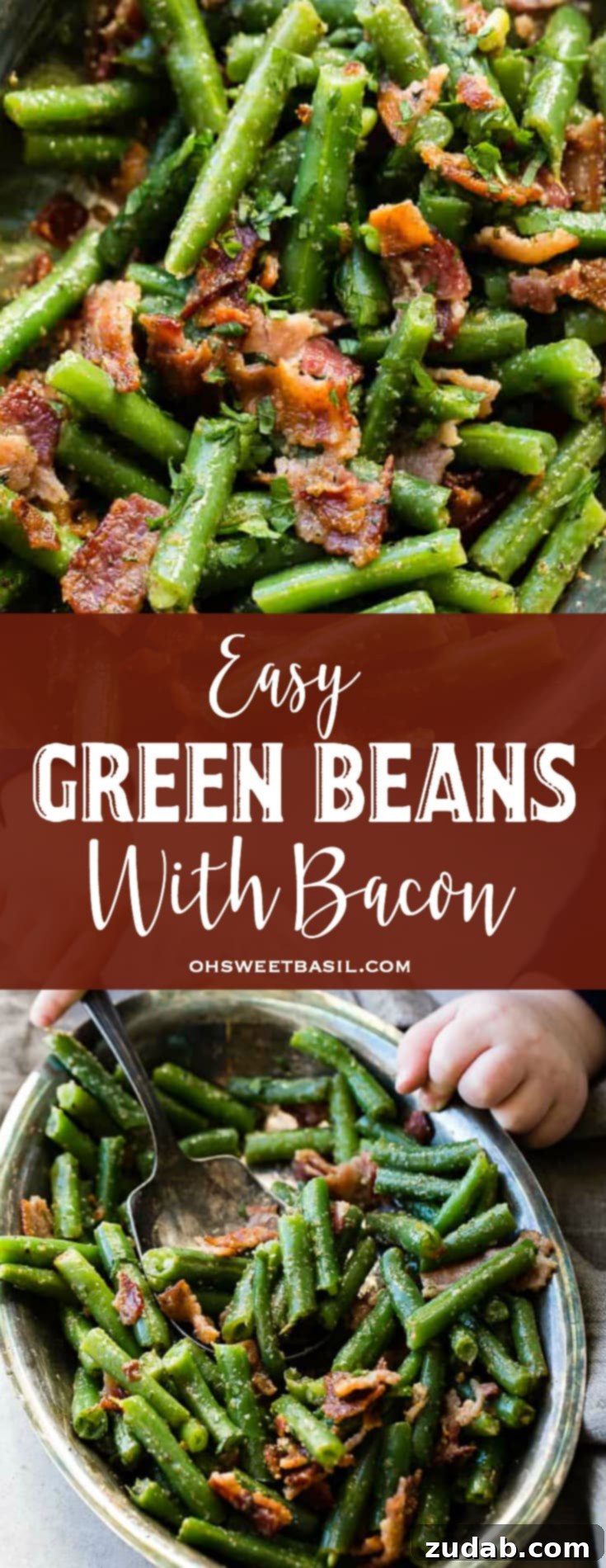 Quick Bacon Green Beans 8 A silver serving dish generously filled with bright green beans, expertly chopped and served, crowned with an abundance of crispy crumbled bacon pieces.