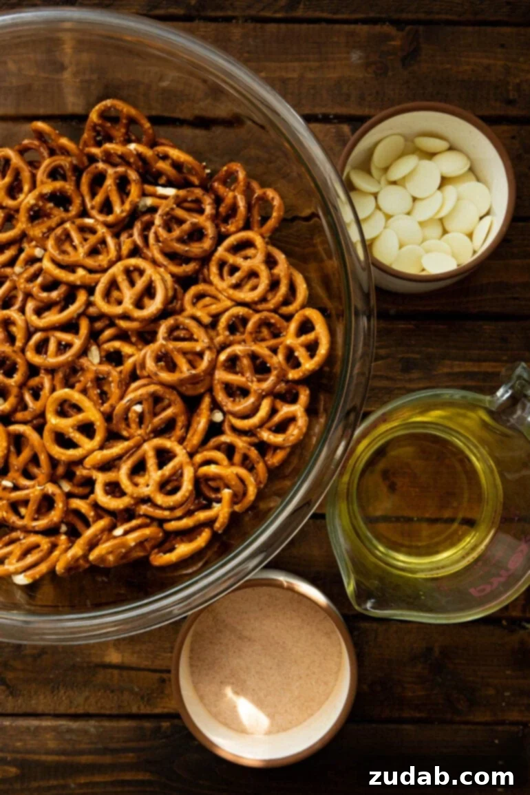 Easy 4-Ingredient Cinnamon Sugar Pretzels 3 A flat lay photograph showcasing all the simple ingredients required for homemade cinnamon sugar pretzels, including pretzel twists, canola oil, cinnamon sugar, and melted white chocolate.