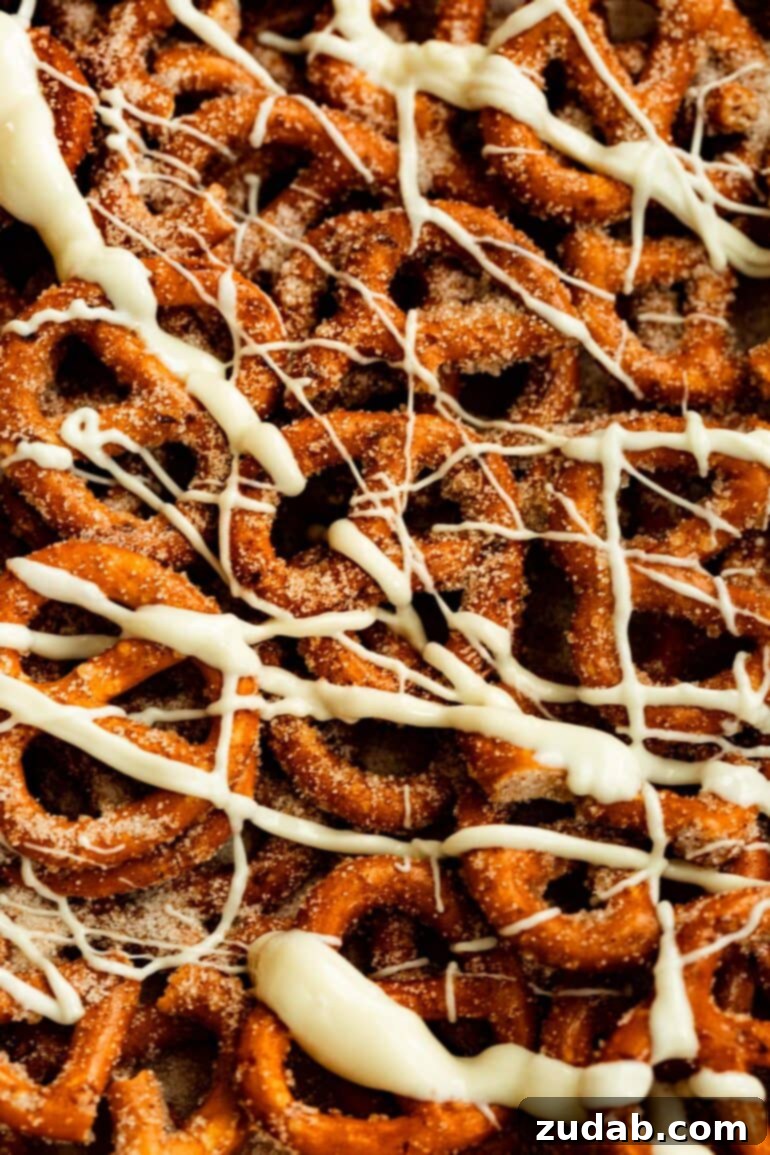 Easy 4-Ingredient Cinnamon Sugar Pretzels 4 A close-up shot of a cluster of pretzels, beautifully coated in cinnamon sugar and elegantly topped with a delicate white chocolate glaze.
