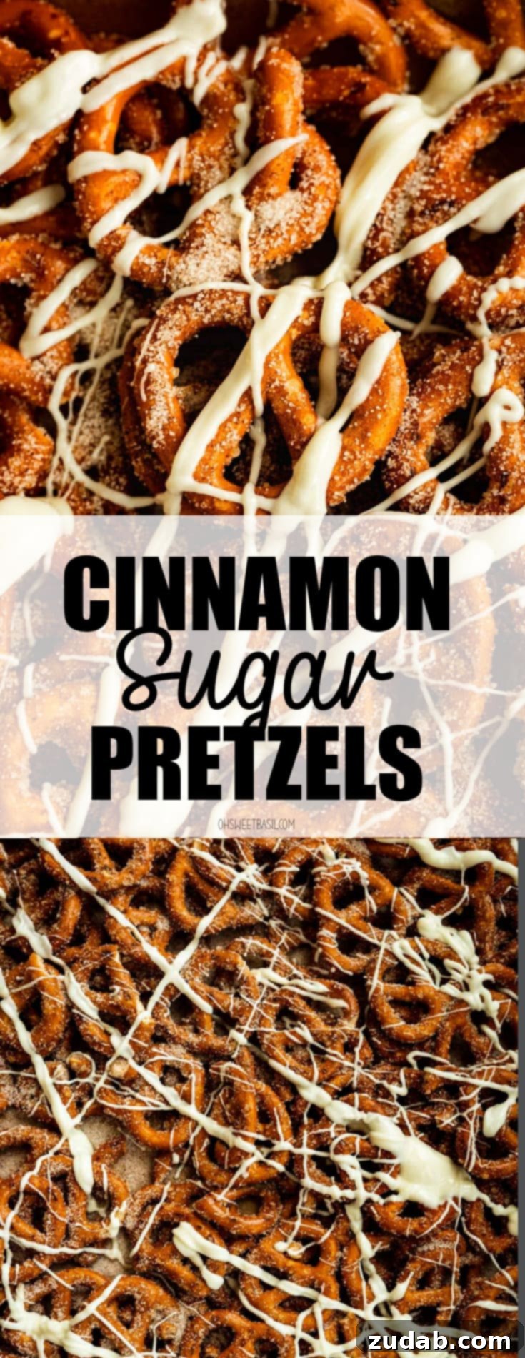 Easy 4-Ingredient Cinnamon Sugar Pretzels 8 An inviting overhead photo displaying a generous serving of cinnamon sugar pretzels, each perfectly coated and drizzled with white chocolate, promising a delightful treat.