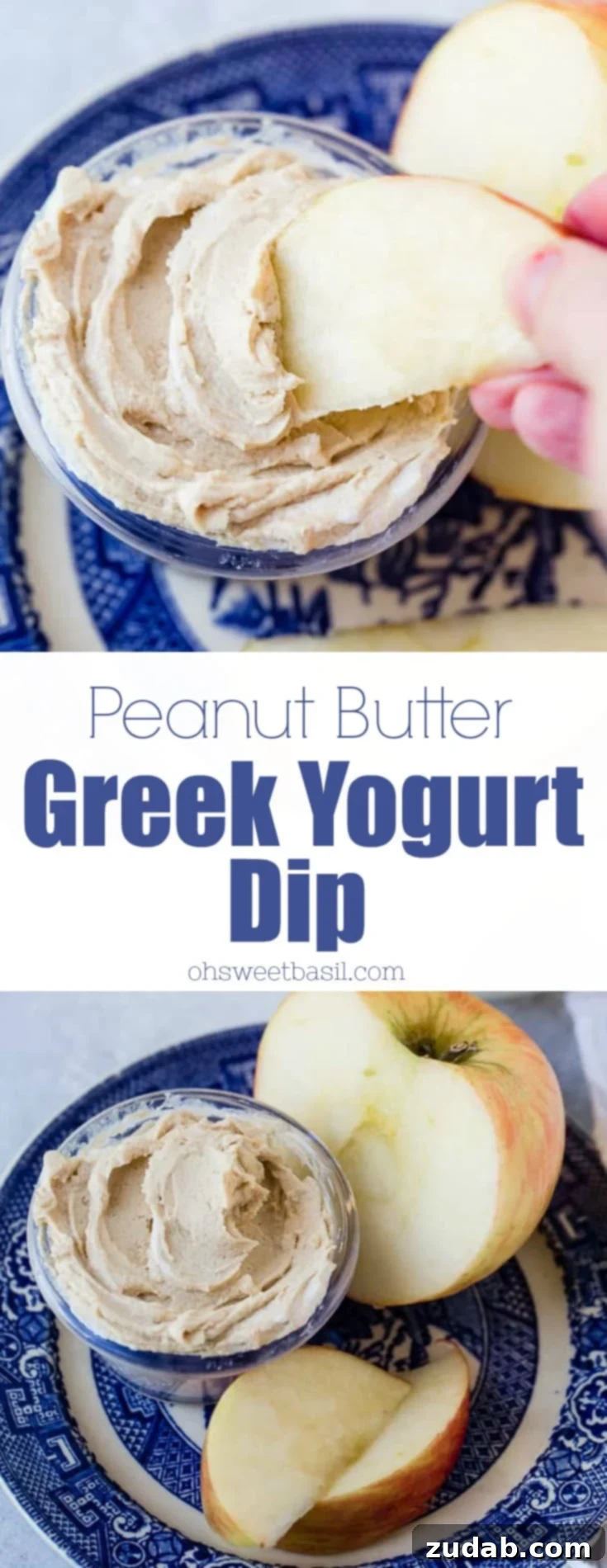 Creamy Peanut Butter Greek Yogurt Dip 6 A vibrant blue dish presenting a mix of sliced and half apples, with a small, inviting bowl of healthy peanut butter Greek yogurt dip, ready to be enjoyed as a wholesome and delicious snack.