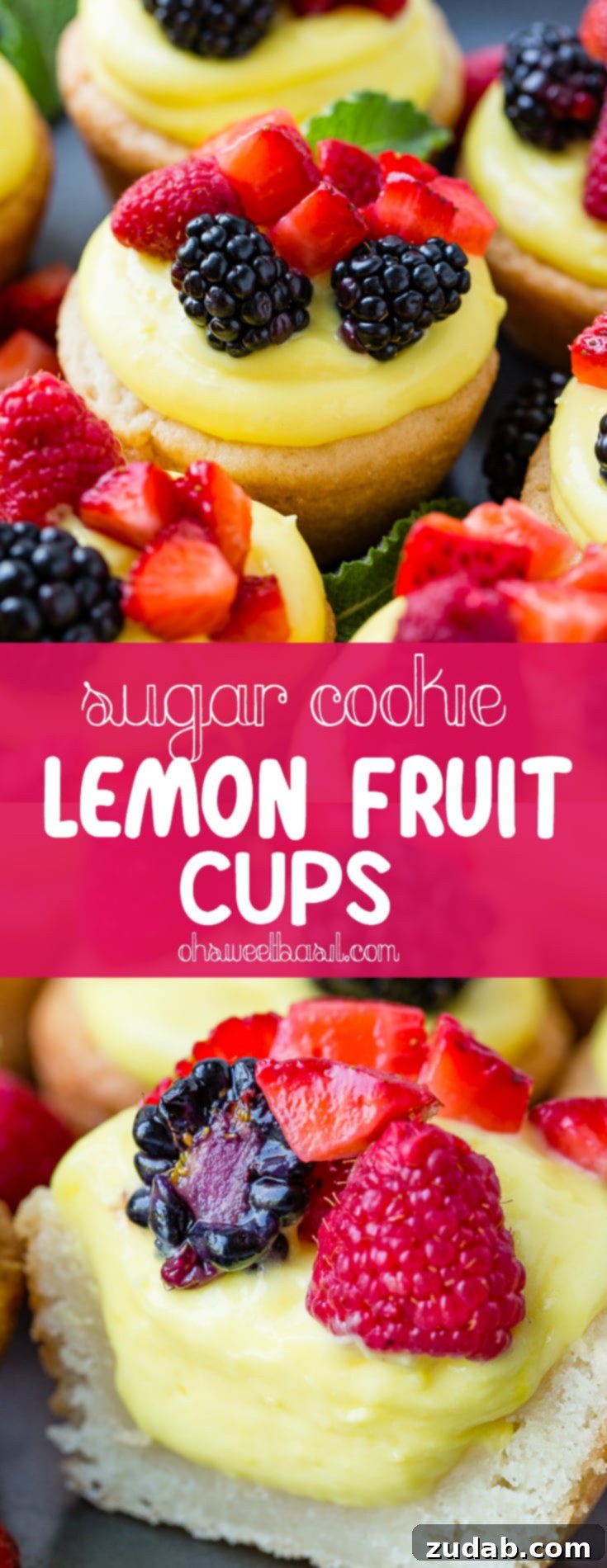 Zesty Lemon Fruit Cookie Cups 9 A dark pan with sugar cookie cups filled with lemon filling and topped with blackberries, raspberries and chopped strawberries
