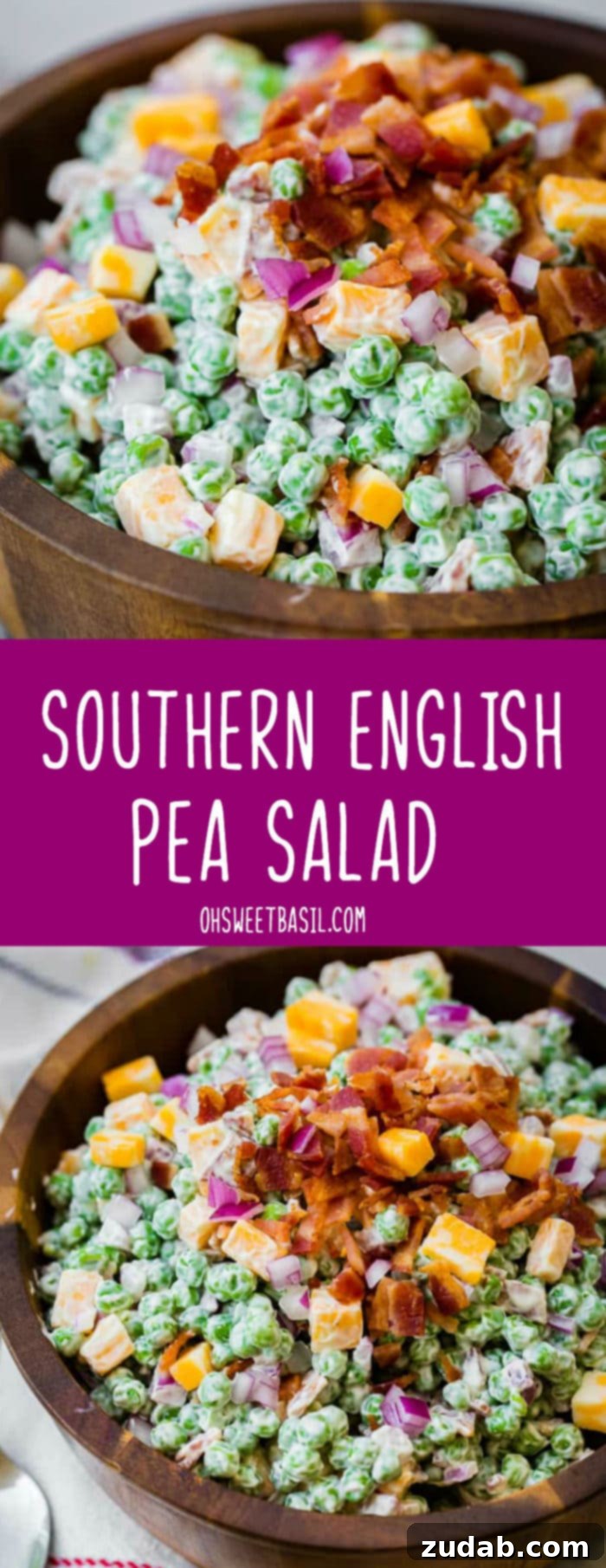 Creamy Southern Pea Salad 9 a wooden bowl full of creamy southern english pea salad with bacon, chunks of colby jack cheese