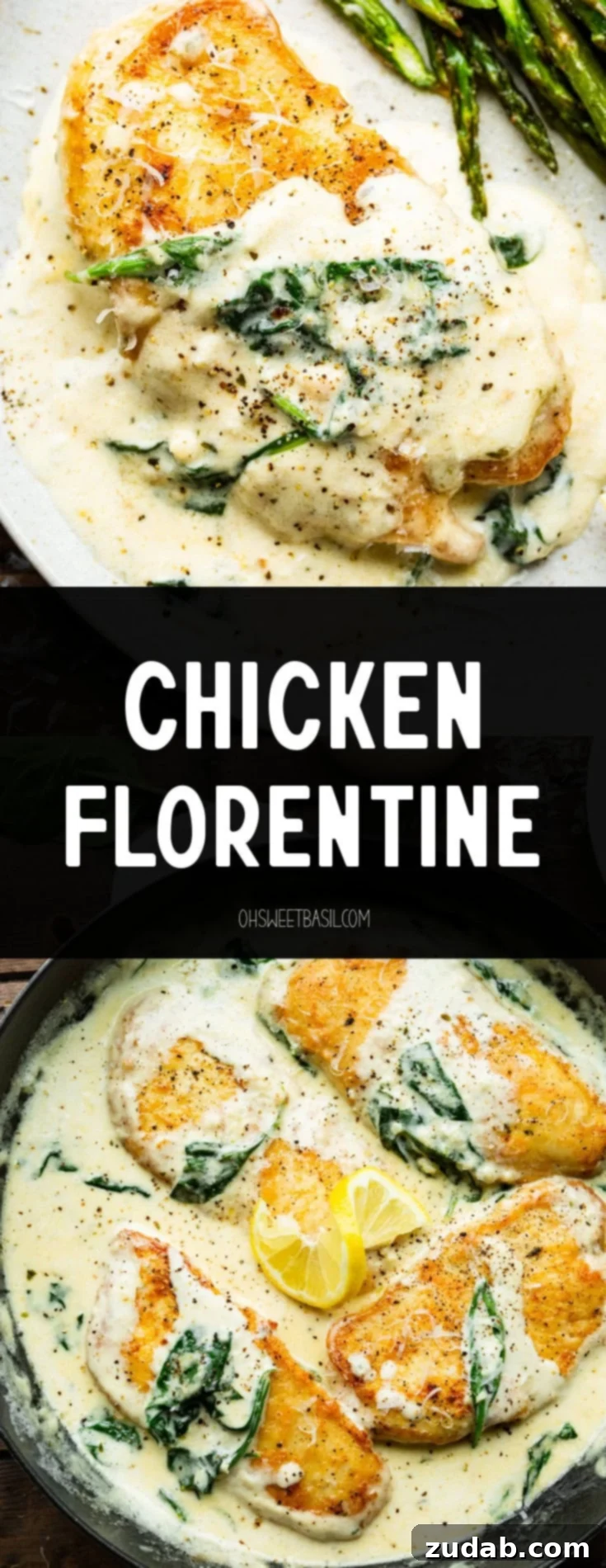 Chicken Florentine 12 A photo of a serving of chicken florentine on a white dinner plate with a side of cooked asparagus, perfectly plated