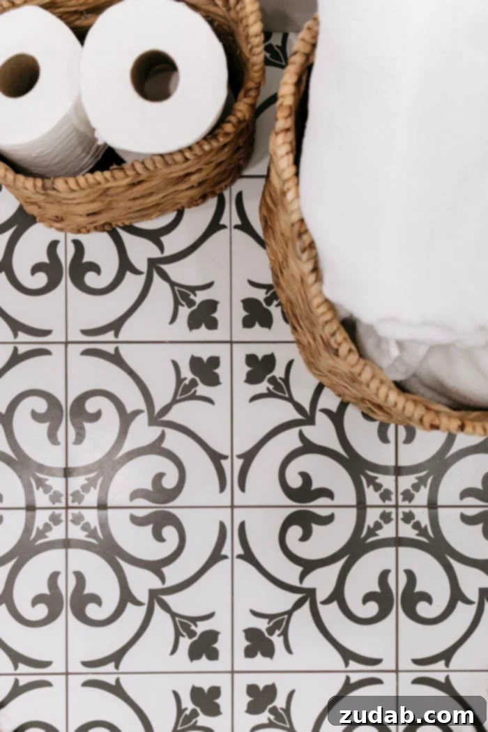 Basement Bathroom Transformation With The Best Tile of 2018 3 Stunning black and white tiled guest bathroom with a DIY dresser vanity and an expansive glass shower, showcasing timeless design.