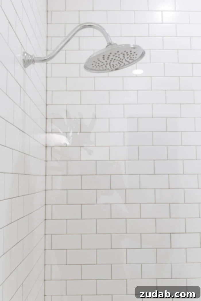 Basement Bathroom Transformation With The Best Tile of 2018 10 Another perspective of the black and white guest bathroom, emphasizing the shower's clean lines and subway tile.