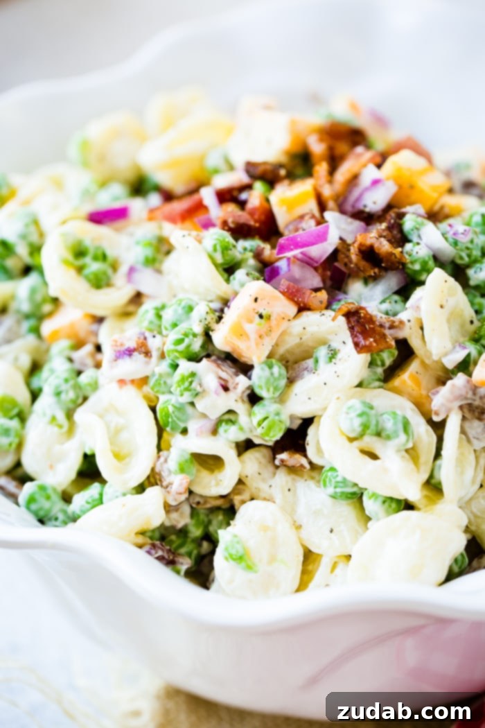 Southern Comfort Pea Pasta Salad 4 A white bowl with orchiette pasta, peas, cubed colby jack cheese, red onion and a simple dressing for the recipe southern pea pasta salad