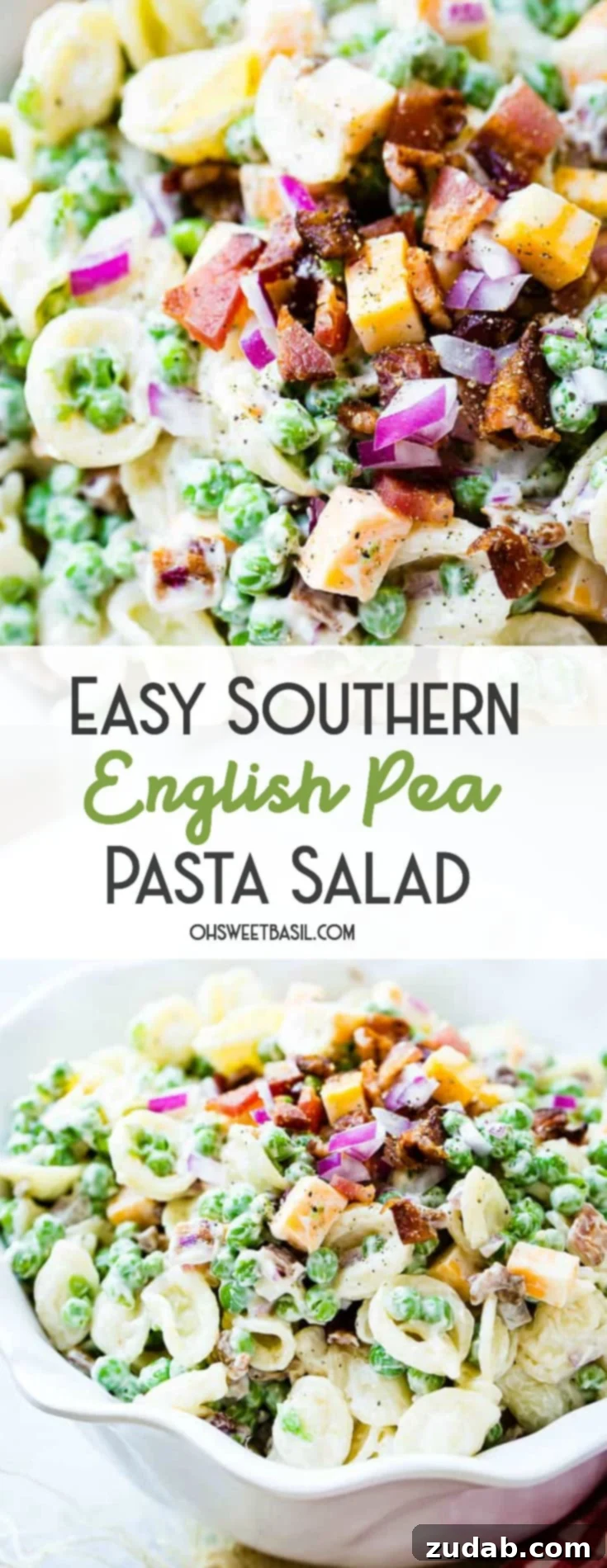 Southern Comfort Pea Pasta Salad 7 A white bowl with orchiette pasta, peas, cubed colby jack cheese, red onion and a simple dressing for the recipe southern pea pasta salad