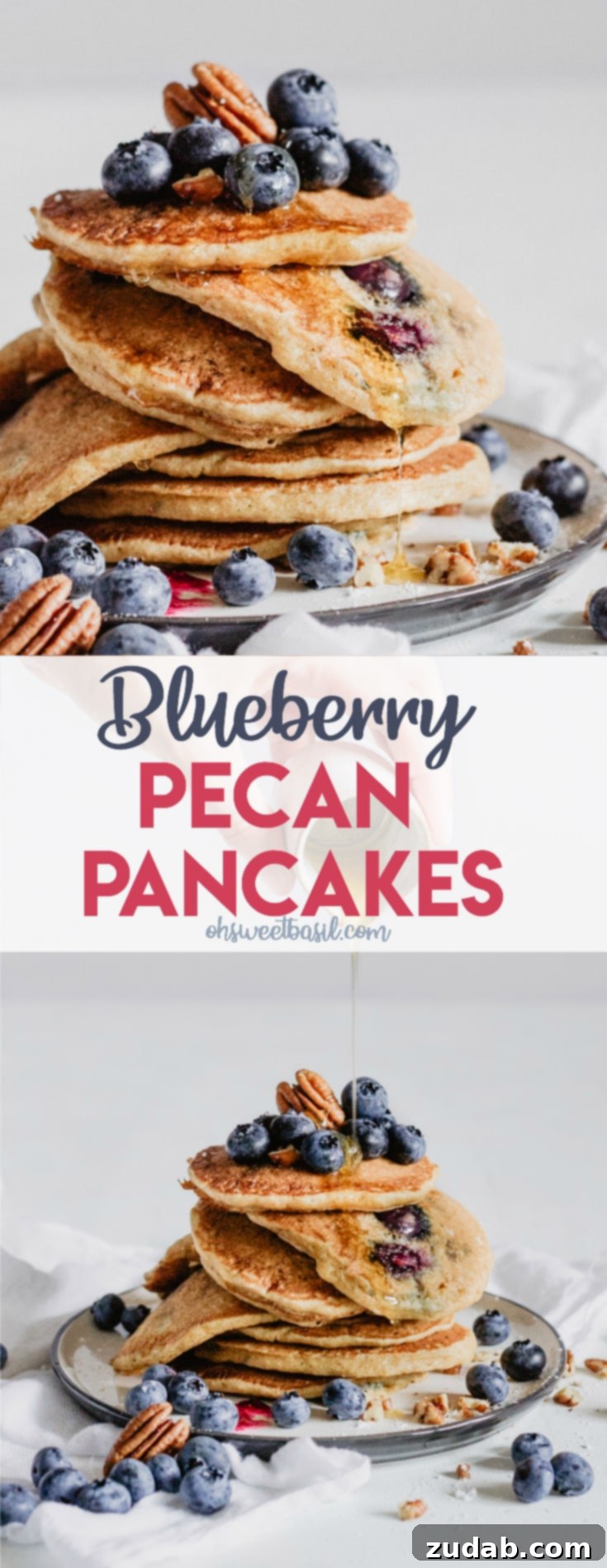 Ultimate Blueberry Pecan Pancakes 6 A final, mouth-watering image of blueberry pecan pancakes artfully arranged with fresh fruit and maple syrup, ready to serve.