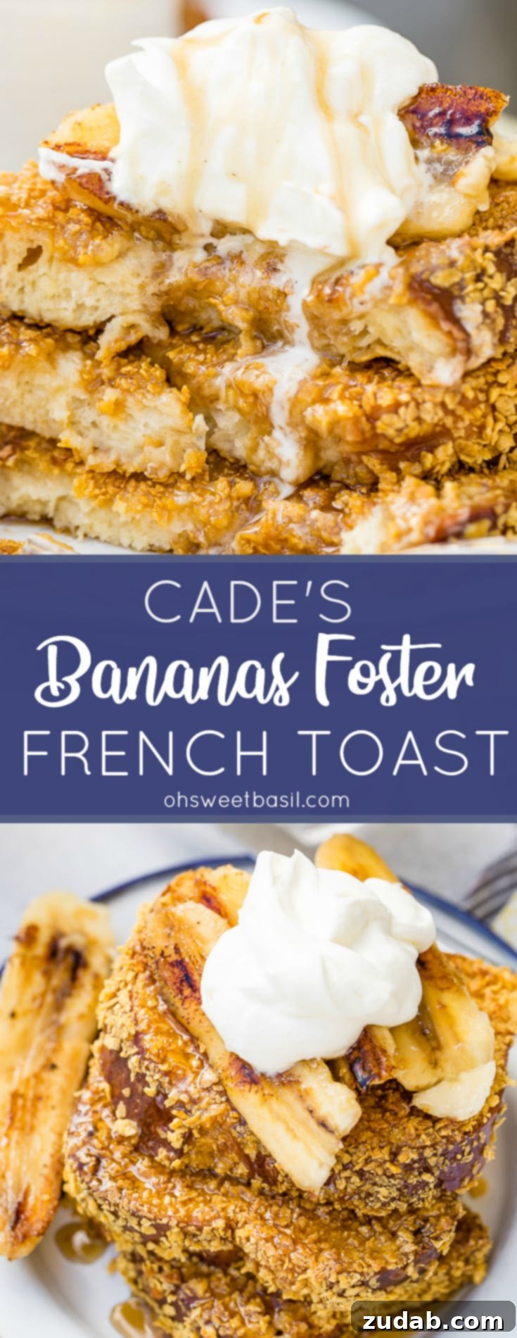 Cade's Signature Bananas Foster French Toast 13 A stunning close-up of Cade's Bananas Foster French Toast, drizzled with sweet syrup and crowned with whipped cream.