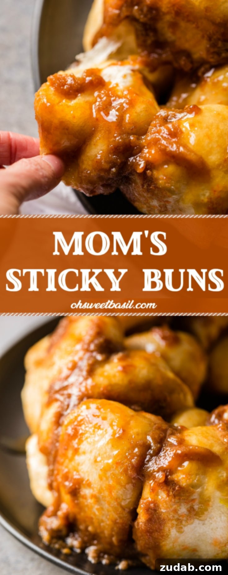 Mom's Legendary Sticky Buns 6 Mom's Sticky Buns served on a plate, ready to eat, with sticky caramel glaze.