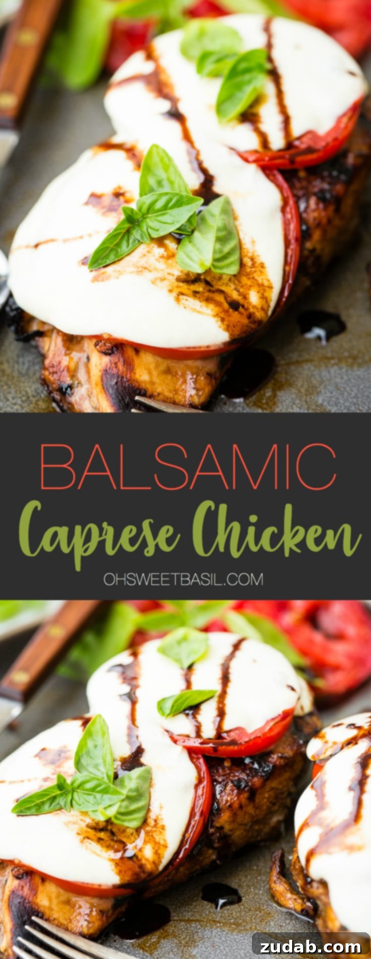 Beautifully plated Balsamic Caprese Chicken with fresh basil