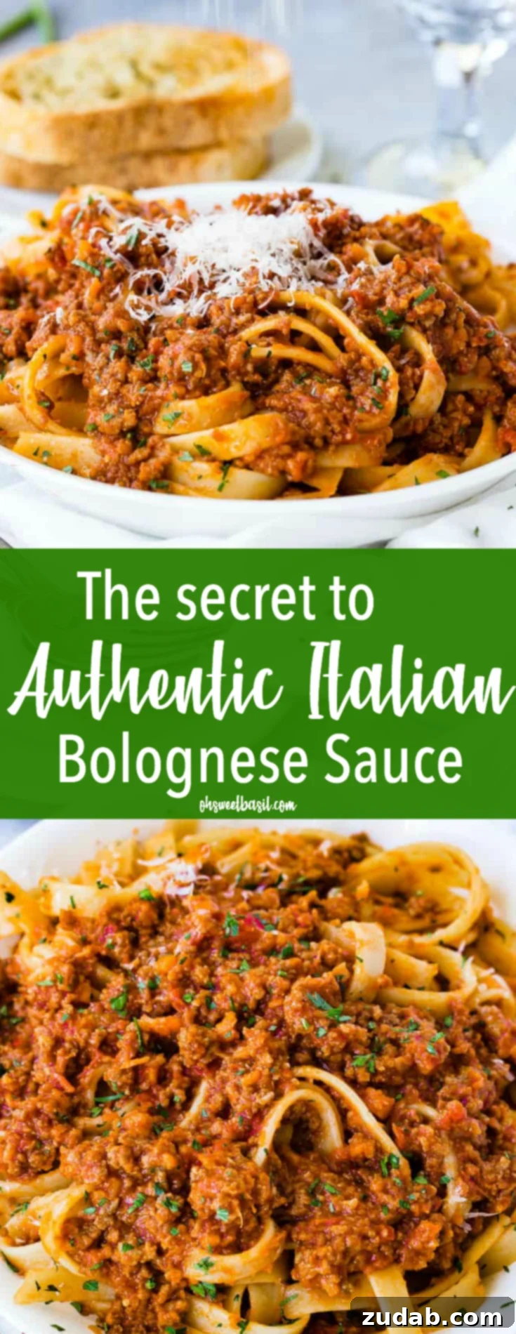 Mastering Authentic Italian Bolognese 8 A large serving of fettuccine pasta with rich authentic Italian Bolognese sauce and a generous sprinkle of fresh Parmesan cheese, with garlic bread in the background.