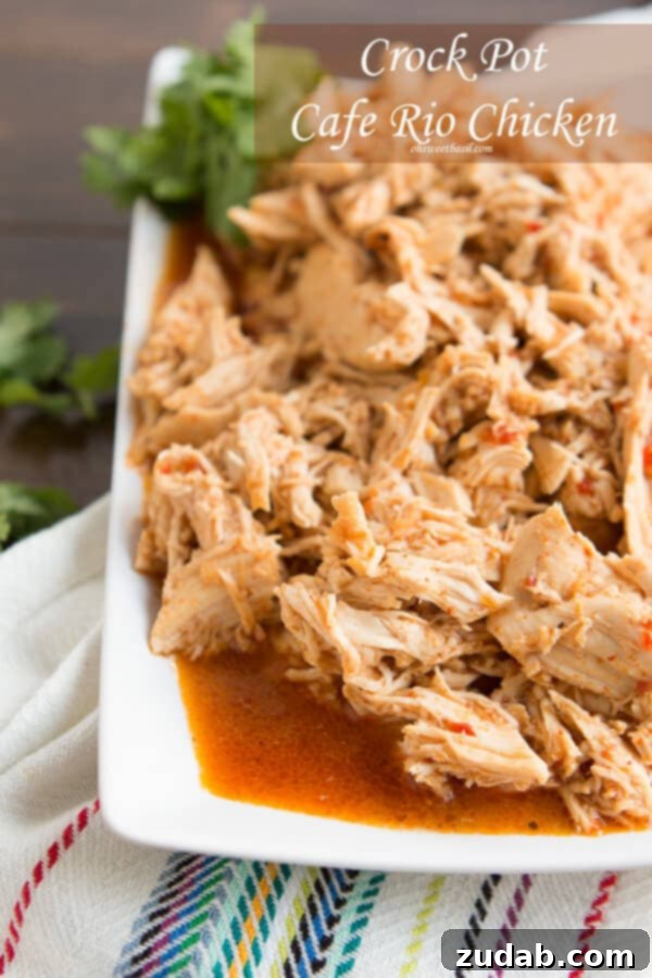 A visual summary showing the deliciousness of crockpot Cafe Rio chicken copycat recipe from ohsweetbasil.com.