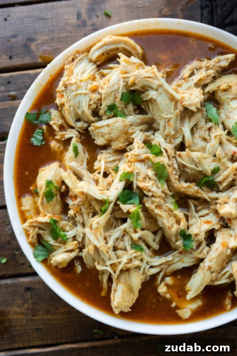 A close-up photo of perfectly shredded and seasoned Cafe Rio chicken presented in a pristine white serving bowl.
