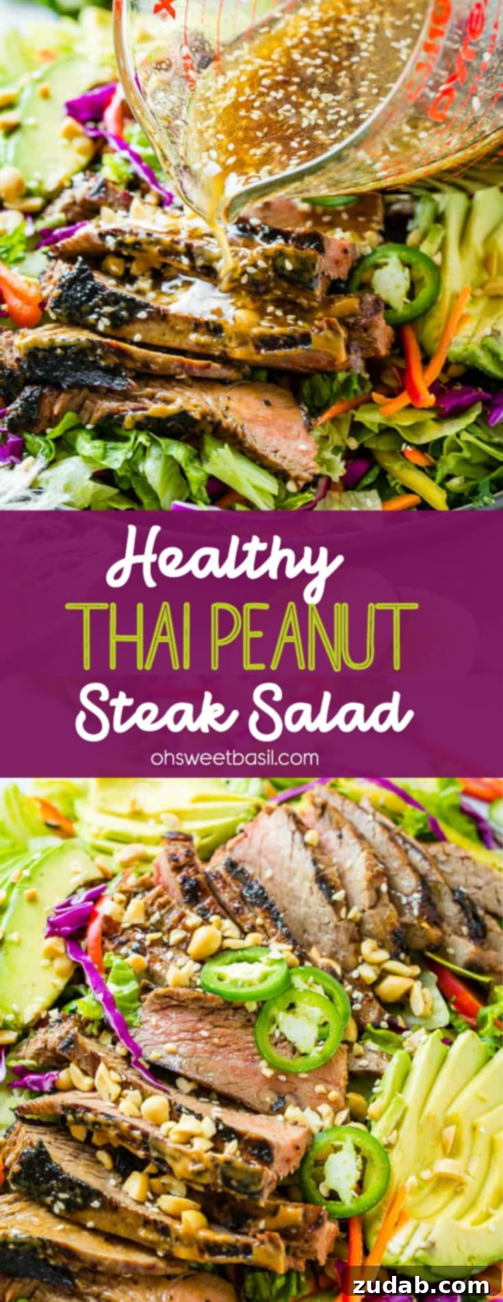 Grilled Flank Steak with Zesty Thai Peanut Salad 8 A vibrant plate filled with mixed greens and fresh vegetables, topped with Asian-sauce-marinated steak, and drizzled with zesty ginger dressing.