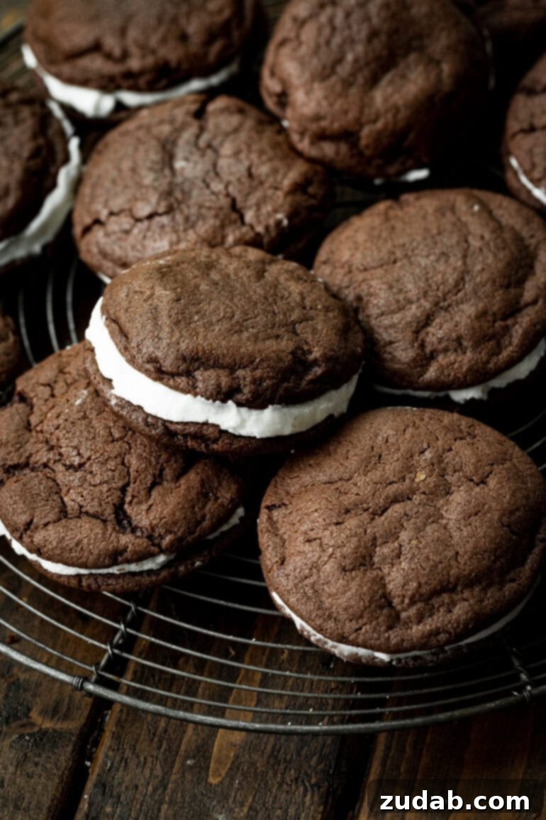 Craft Your Own Delicious Oreos 2 A photo of several homemade Oreo cookies sitting on a wire cooling rack, showcasing their dark chocolate exterior and creamy white filling.