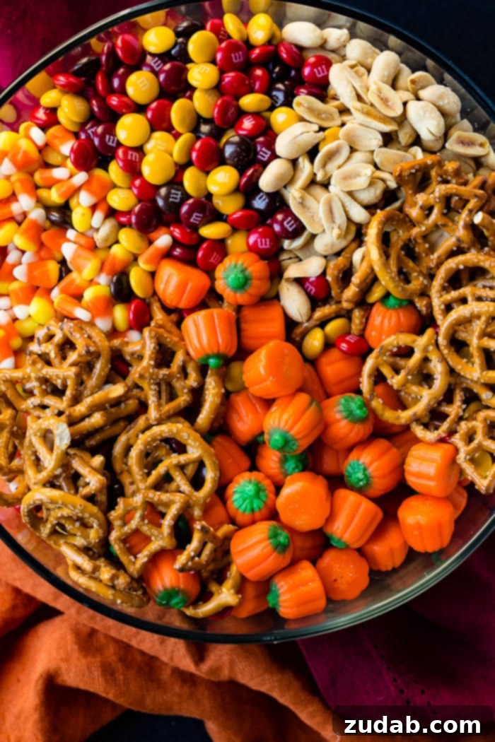Wickedly Quick Halloween Mix 2 A vibrant glass bowl overflowing with a delightful Halloween snack mix, featuring golden candy corn, crunchy pretzels, colorful M&M's, savory peanuts, and festive candy pumpkins, all ready for a party.