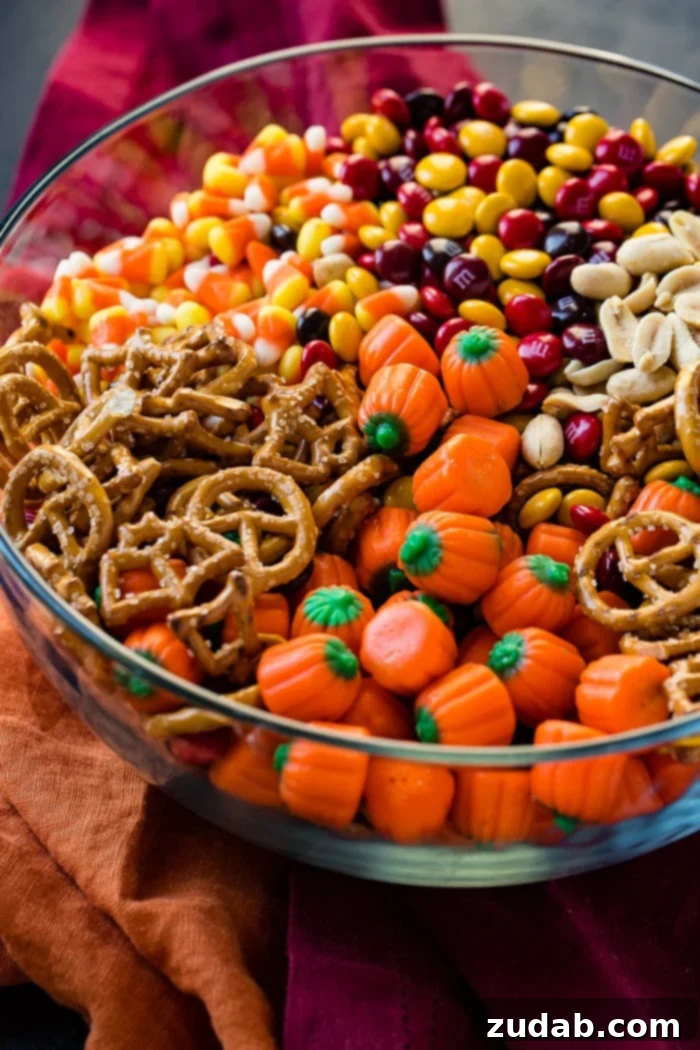 Wickedly Quick Halloween Mix 3 Close-up of the delicious 5 Minute Halloween Snack Mix in a clear glass bowl, showcasing the colorful candy corn, Halloween-shaped pretzels, M&M's, savory peanuts, and candy pumpkins with a focus on texture and vibrancy.