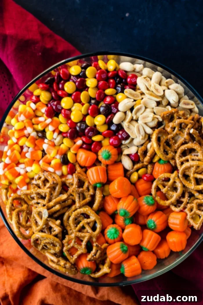 Wickedly Quick Halloween Mix 4 A top-down view of a clear glass bowl filled with an irresistible 5 Minute Halloween Snack Mix, highlighting a generous scattering of candy corn, various Halloween-themed pretzels, colorful M&M's, savory peanuts, and cheerful candy pumpkins, perfect for sharing.