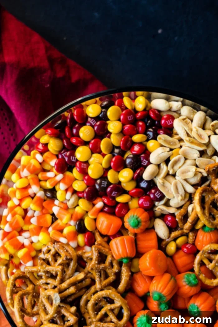 Wickedly Quick Halloween Mix 6 A captivating view of the 5 Minute Halloween Snack Mix in a stylish glass bowl, showcasing its rich textures and vibrant colors. Perfect for a quick, festive, and crowd-pleasing Halloween treat.