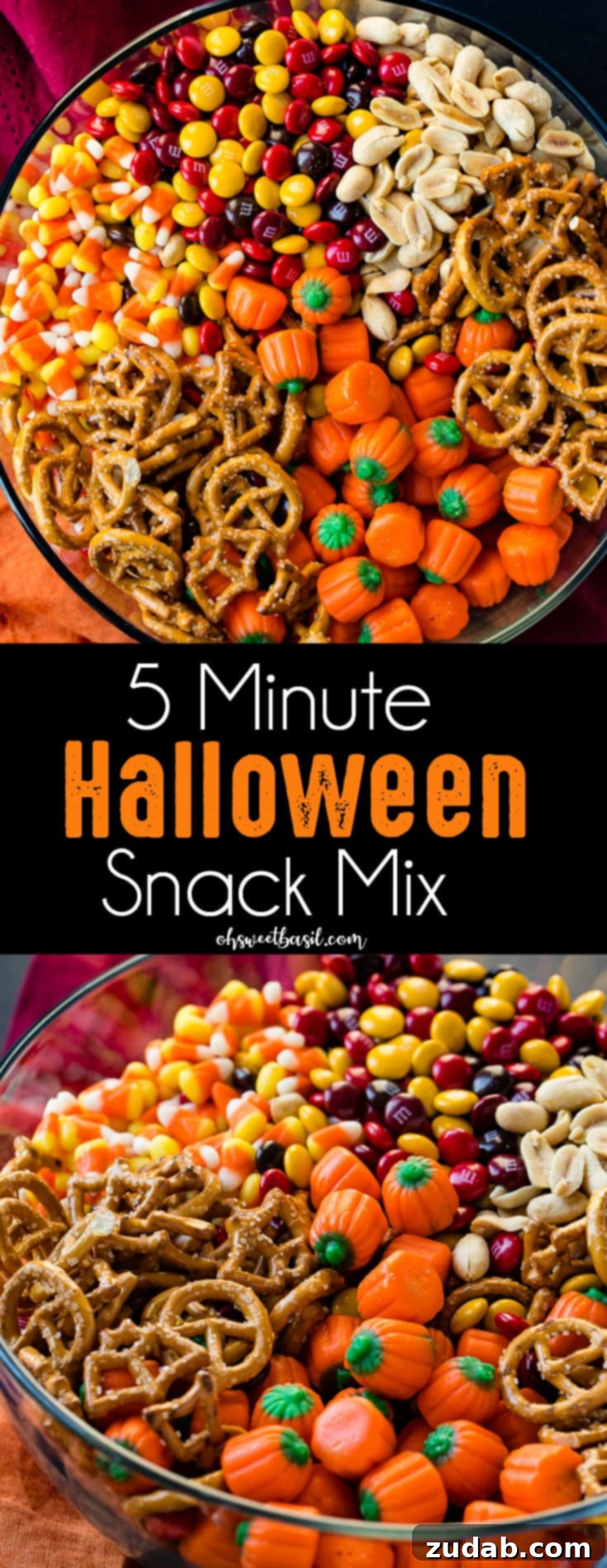 Wickedly Quick Halloween Mix 8 A final inviting image of a glass bowl brimming with the 5 Minute Halloween Snack Mix, ready to be enjoyed, showcasing the delightful mix of textures and colors against a festive backdrop.