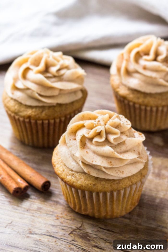 Fragrant Spice Cupcakes with Zesty Cinnamon Cream Cheese Frosting 3 Three perfectly frosted spice cake cupcakes adorned with cinnamon cream cheese buttercream, ready for a fall gathering.
