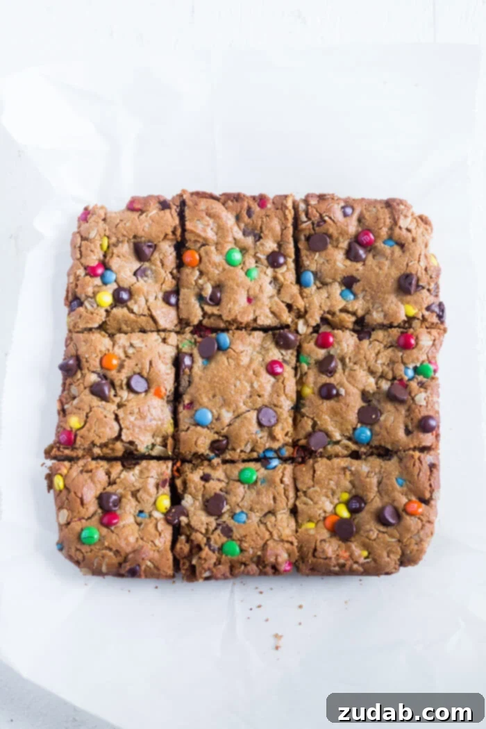 Loaded Flourless Monster Cookie Bars 3 Up-close shot of monster cookie bars, highlighting their chewy texture and colorful mix-ins, a perfect gluten-free snack