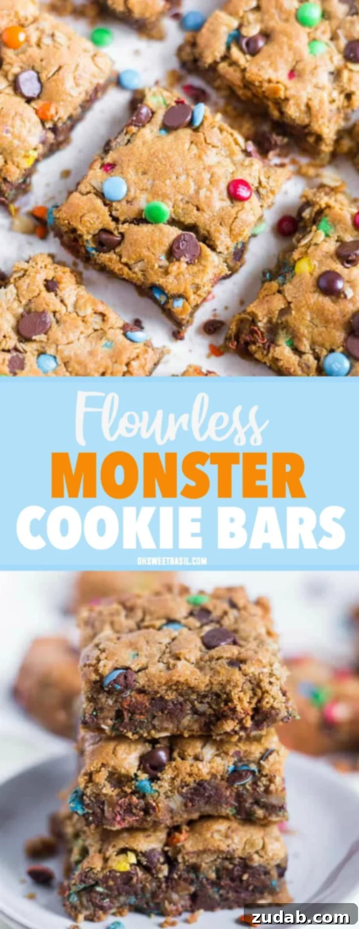 Loaded Flourless Monster Cookie Bars 7 A batch of flourless monster cookie bars, stacked and ready for serving, highlighting their texture and vibrant colors