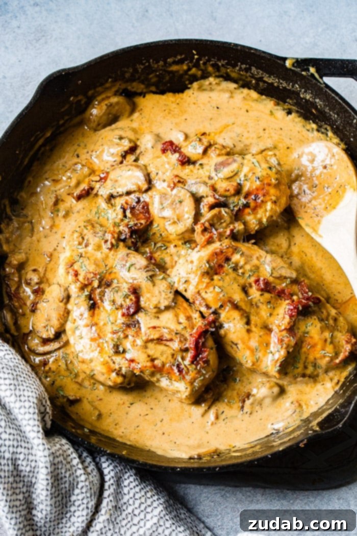 Effortless Creamy Herb Chicken with Sun-Dried Tomatoes 3 A black cast iron skillet with perfectly cooked chicken breasts covered in a creamy sauce, garnished with sun-dried tomatoes and herbs.