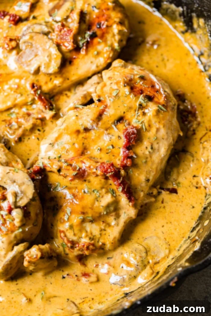 Effortless Creamy Herb Chicken with Sun-Dried Tomatoes 6 A black cast iron skillet with a creamy sauce full of sun dried tomatoes, mushrooms and seasoning over perfectly cooked chicken, presented on a wooden surface.