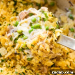 A bowl of finished Turkey Tetrazzini with crunchy topping