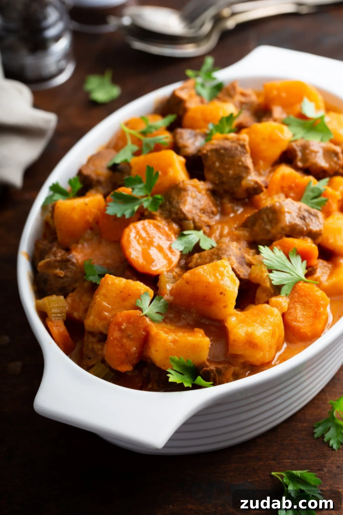 Instant Pot Beef Stew A serving bowl of instant pot beef stew. There are chunks of carrots, beef, and potatoes in a rich brown sauce. An instant pot and linen napkin are in the background.