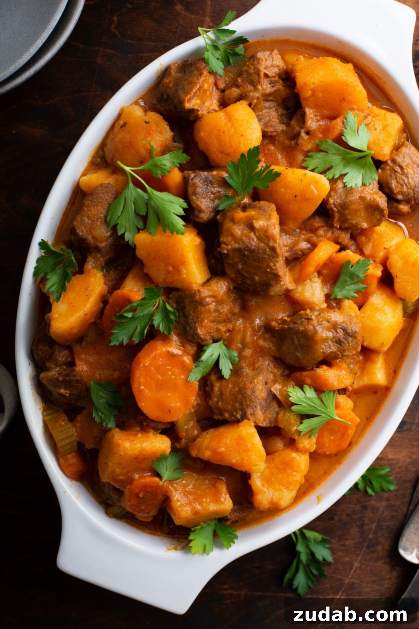 Instant Pot Beef Stew A serving bowl of instant pot beef stew. There are chunks of beef, carrots and potatoes all sprinkled with fresh parsley leaves.