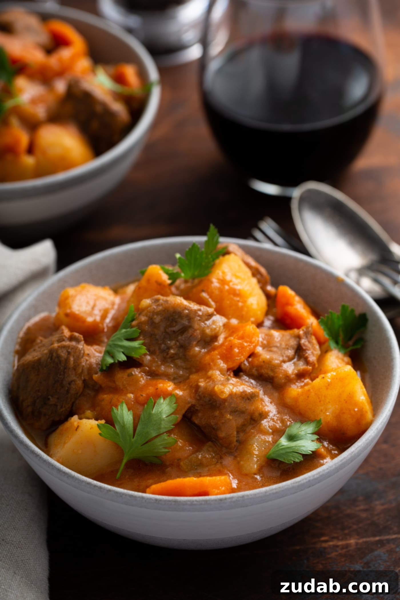 Instant Pot Beef Stew A bowl of instant pot beef stew with chunks of beef, carrots, and potatoes. Fresh parsley is sprinkled on top.