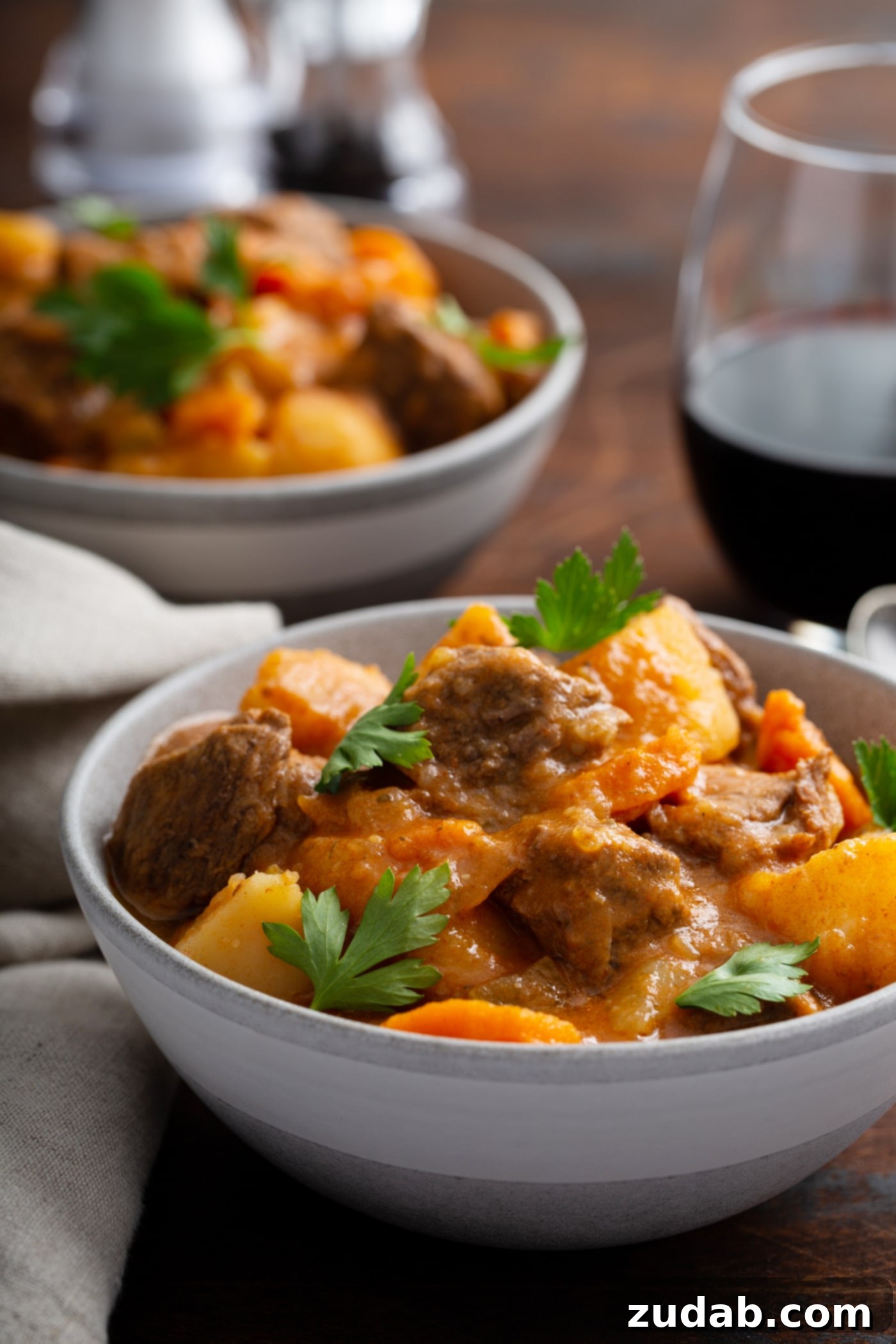 Instant Pot Beef Stew A bowl of instant pot beef stew with chunks of potatoes, carrots, and beef in a brown gravy. A second bowl of stew is in the background and there are fresh parsley leaves scattered on top or the stew.